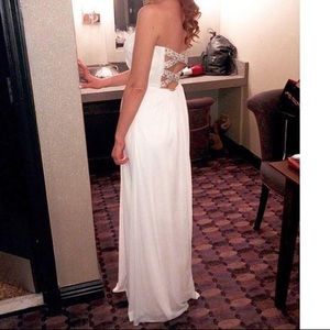 Strapless open back ivory gown with beading waist detail ✨
